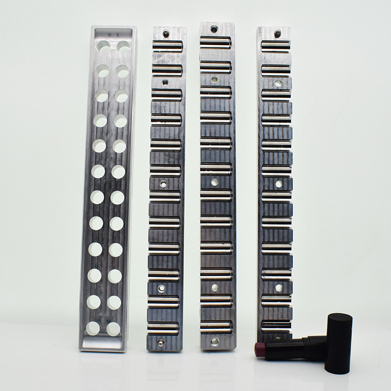Complete upper and lower tooling for a 24-cavity flat-top lipstick mold